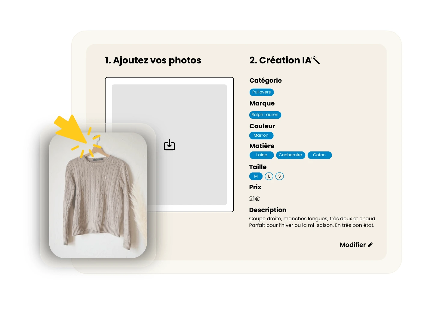 Fiche produit Vinted générée par l'IA DressKare depuis une photo